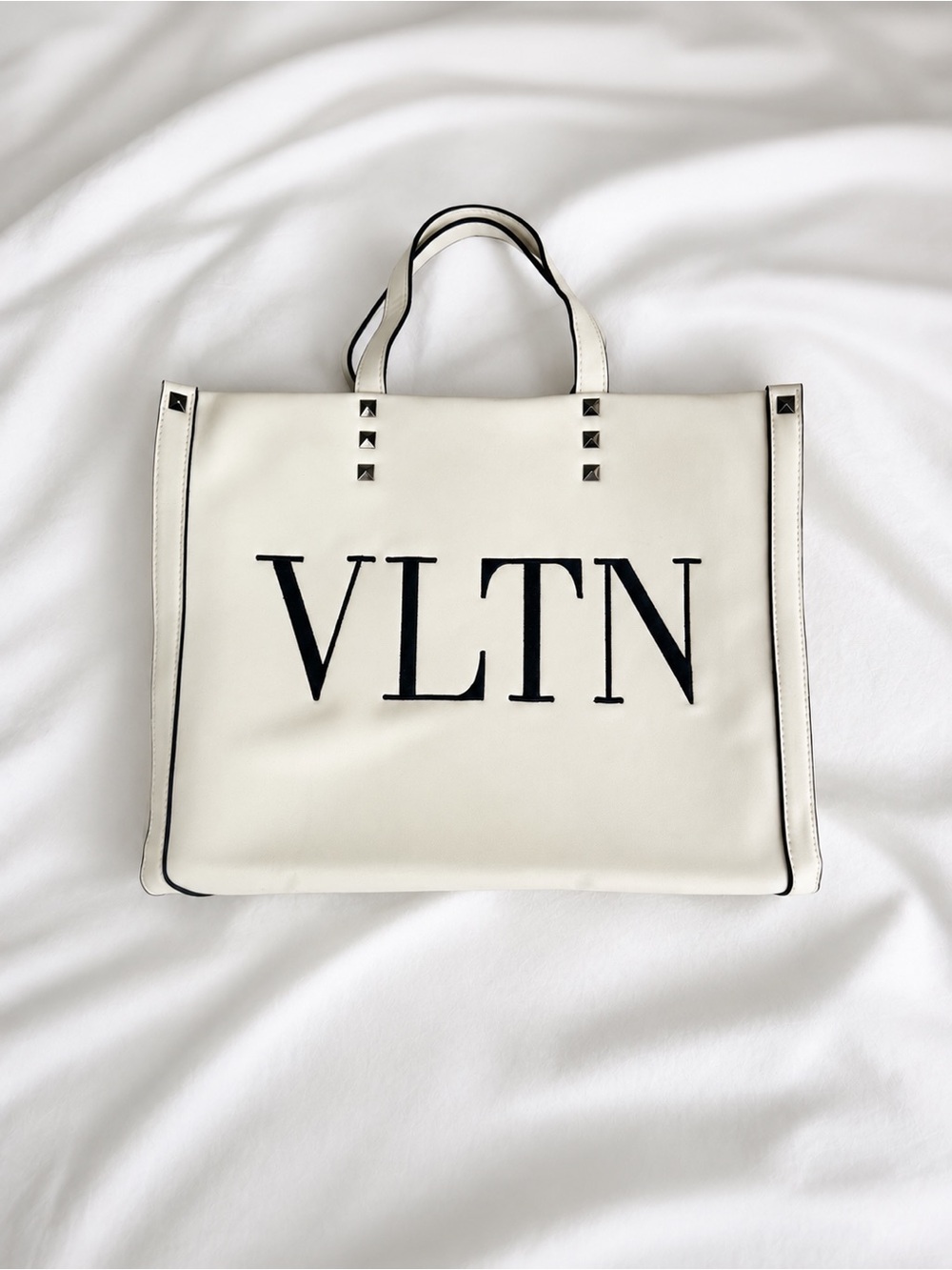 VLTN White top handle square tote with detachable shoulder strap